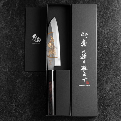 Santoku White Steel #2 Kasumi Simple-Tranchant Chokin Samourai Nouvelle Lune Manche en Buffle et Ébène 155mm-[Musashi]-[Couteaux de cuisine japonais]