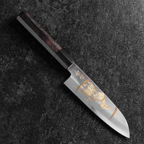 Santoku White Steel #2 Kasumi Simple-Tranchant Chokin Samourai Nouvelle Lune Manche en Buffle et Ébène 155mm-[Musashi]-[Couteaux de cuisine japonais]