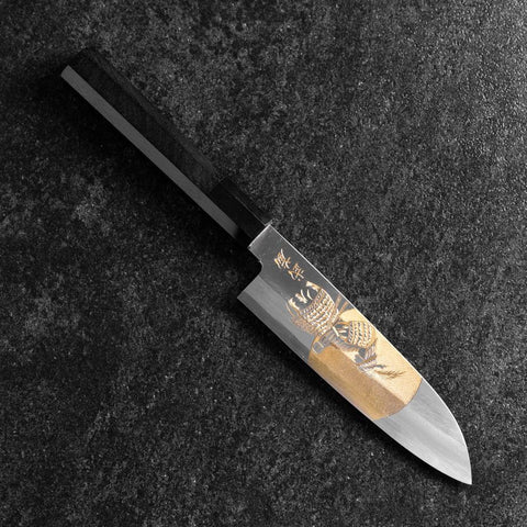 Santoku White Steel #2 Kasumi Simple-Tranchant Chokin Samourai Pleine Lune Manche en Buffle et Ébène 155mm-[Musashi]-[Couteaux de cuisine japonais]