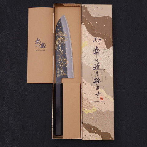 Santoku White Steel #2 Kurouchi Chokin Grenouille Kappa Manche en Buffle et Ébène 170mm-[Musashi]-[Couteaux de cuisine japonais]