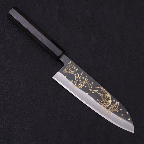 Santoku White Steel #2 Kurouchi Chokin Grenouille Kappa Manche en Buffle et Ébène 170mm-[Musashi]-[Couteaux de cuisine japonais]