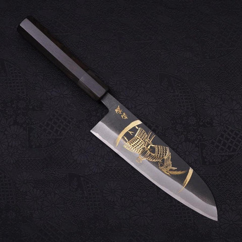 Santoku White Steel #2 Kurouchi Chokin Samouraï Nouvelle Lune Manche en Buffle et Ébène 170mm-[Musashi]-[Couteaux de cuisine japonais]