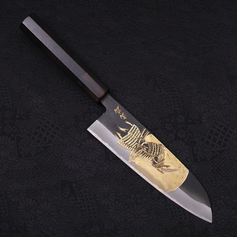 Santoku White Steel #2 Kurouchi Chokin Samouraï Pleine Lune Manche en Buffle et Ébène 170mm-[Musashi]-[Couteaux de cuisine japonais]