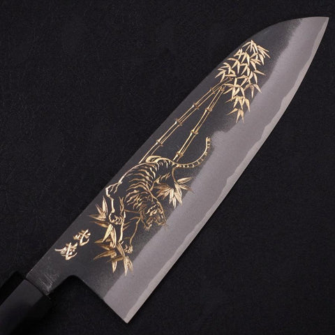 Santoku White Steel #2 Kurouchi Chokin Tigre-Bamboo Manche en Buffle et Ébène 170mm-[Musashi]-[Couteaux de cuisine japonais]