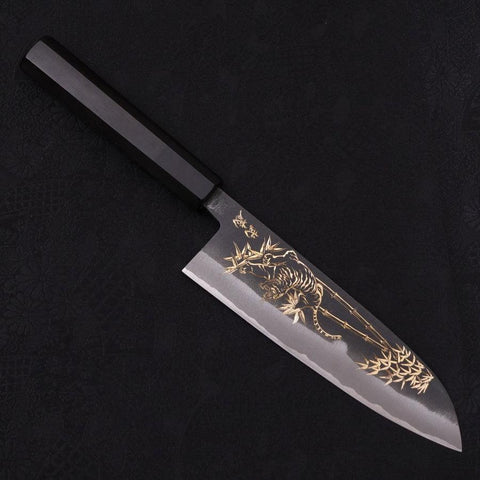 Santoku White Steel #2 Kurouchi Chokin Tigre-Bamboo Manche en Buffle et Ébène 170mm-[Musashi]-[Couteaux de cuisine japonais]