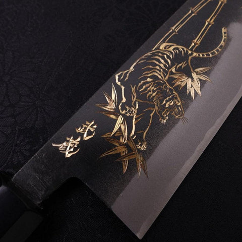 Santoku White Steel #2 Kurouchi Chokin Tigre-Bambou Manche en Buffle et Ébène 170mm-[Musashi]-[Couteaux de cuisine japonais]