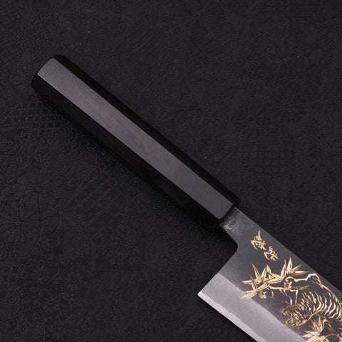 Santoku White Steel #2 Kurouchi Chokin Tigre-Bambou Manche en Buffle et Ébène 170mm-[Musashi]-[Couteaux de cuisine japonais]