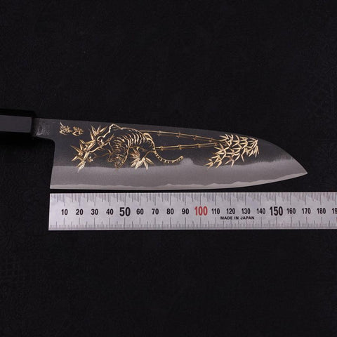 Santoku White Steel #2 Kurouchi Chokin Tigre-Bambou Manche en Buffle et Ébène 170mm-[Musashi]-[Couteaux de cuisine japonais]