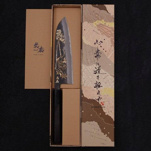Santoku White Steel #2 Kurouchi Chokin Tigre-Bambou Manche en Buffle et Ébène 170mm-[Musashi]-[Couteaux de cuisine japonais]