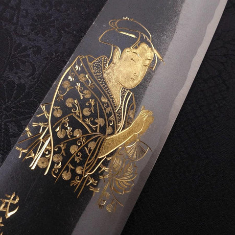 Santoku White Steel #2 Kurouchi Chokin Ukiyo-e Manche en Buffle et Ébène 170mm-[Musashi]-[Couteaux de cuisine japonais]