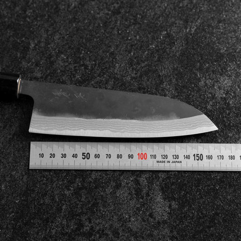 Santoku White Steel #2 Kurouchi Damas Kurigata Manche en Buffle et Magnolia 170mm-[Musashi]-[Couteaux de cuisine japonais]