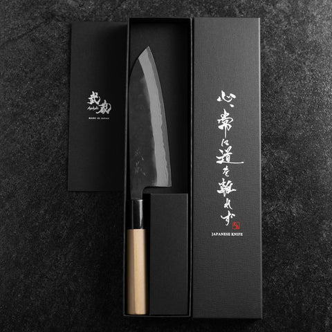 Santoku White Steel #2 Kurouchi Damas Kurigata Manche en Buffle et Magnolia 170mm-[Musashi]-[Couteaux de cuisine japonais]