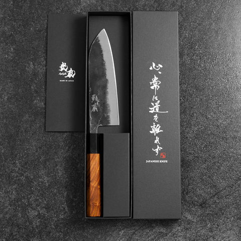 Santoku White Steel #2 Kurouchi Manche en Buffle et Bubinga 165mm-[Musashi]-[Couteaux de cuisine japonais]