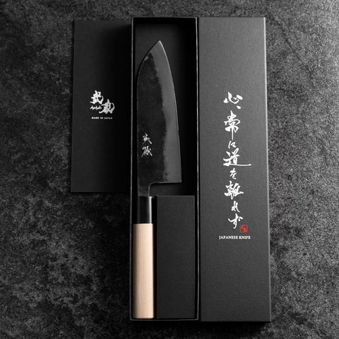 Santoku White Steel #2 Kurouchi Manche en Buffle et Magnolia Oval 165mm-[Musashi]-[Couteaux de cuisine japonais]