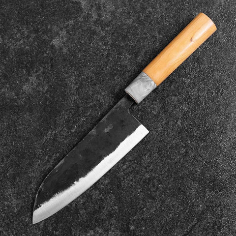 Santoku White Steel #2 Kurouchi Manche en Cerisier 165mm-[Musashi]-[Couteaux de cuisine japonais]