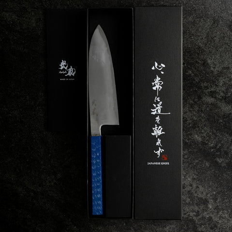 Santoku White Steel #2 Poli Manche Urushi Bleu 165mm-[Musashi]-[Couteaux de cuisine japonais]