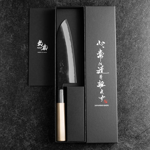 Santoku White Steel #2 Revêtement inox Kurouchi Manche en Buffle et Magnolia (Kurigata) 170mm-[Musashi]-[Couteaux de cuisine japonais]