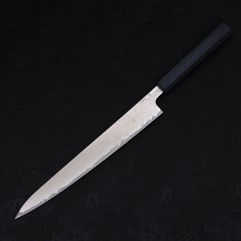 Sujihiki AUS-10 Nickel en Vagues Damas Manche Urushi Bleu Sombre 240mm-[Musashi]-[Couteaux de cuisine japonais]