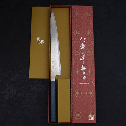 Sujihiki AUS-10 Nickel en Vagues Damas Manche Urushi Bleu Sombre 240mm-[Musashi]-[Couteaux de cuisine japonais]