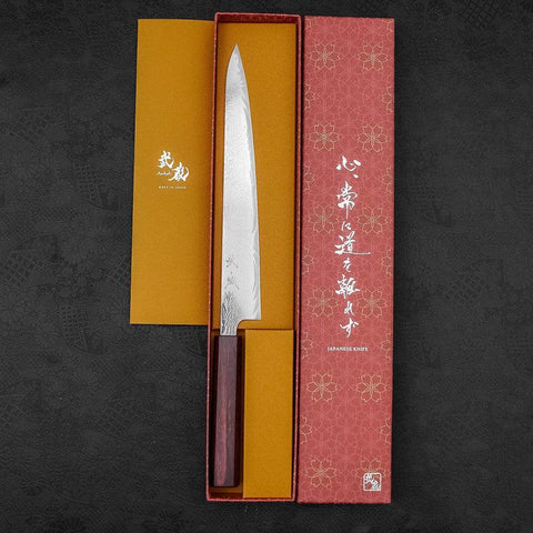 Sujihiki AUS-10 Nickel en Vagues Damas Manche Urushi Pourpre 240mm-[Musashi]-[Couteaux de cuisine japonais]