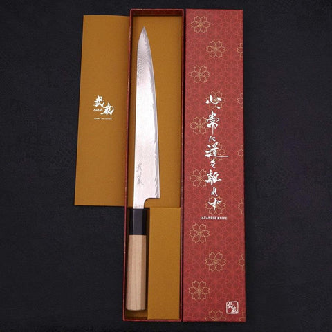 Sujihiki AUS-10 Nickel en Vagues Damas Manche en Buffle et Magnolia 240mm-[Musashi]-[Couteaux de cuisine japonais]