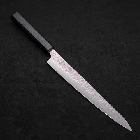 Sujihiki AUS-10 Tsuchime Damascus Dark Blue Urushi Handle 240mm (9.4”)-[Musashi]-[Couteaux de cuisine japonais]