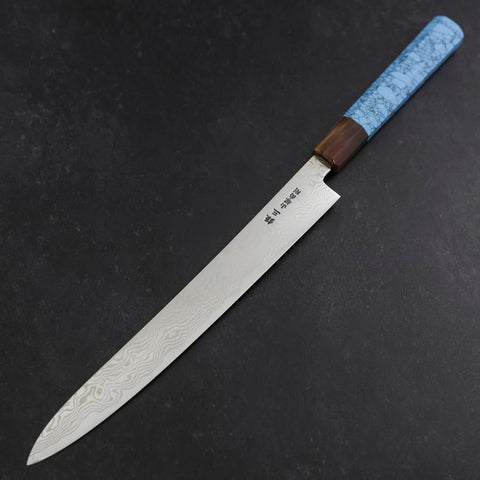 Sujihiki Silver Steel #3 Nickel en Vagues Damas Manche en Buffle et Turquoise 270mm-[Musashi]-[Couteaux de cuisine japonais]