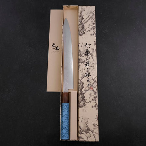 Sujihiki Silver Steel #3 Nickel en Vagues Damas Manche en Buffle et Turquoise 270mm-[Musashi]-[Couteaux de cuisine japonais]