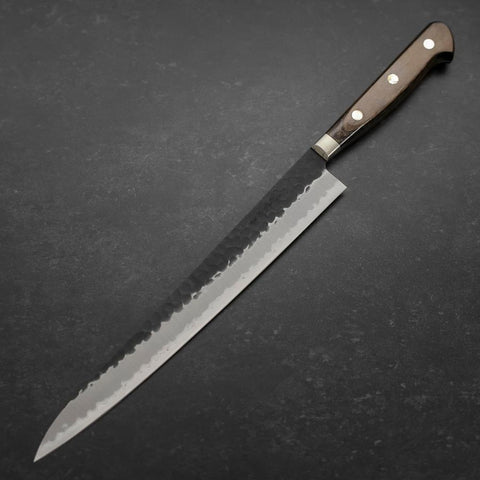 Sujihiki Stainless Clad Blue Super Kurouchi Tsuchime Western Brown Handle 240mm-[Musashi]-[Couteaux de cuisine japonais]