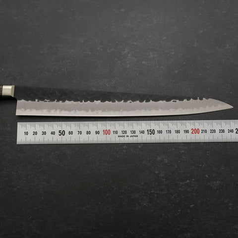 Sujihiki Stainless Clad Blue Super Kurouchi Tsuchime Western Brown Handle 240mm-[Musashi]-[Couteaux de cuisine japonais]