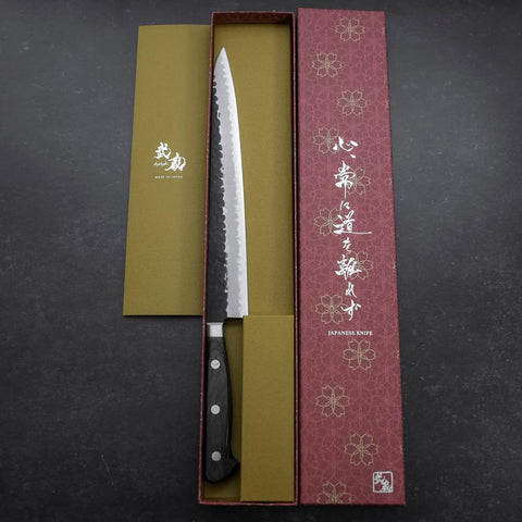 Sujihiki Stainless Clad Blue Super Kurouchi Tsuchime Western Brown Handle 240mm-[Musashi]-[Couteaux de cuisine japonais]