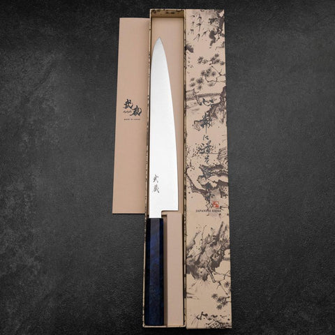 Sujihiki VG-10 Damas Manche en Bois de Bouleau Bleu 270mm-[Musashi]-[Couteaux de cuisine japonais]