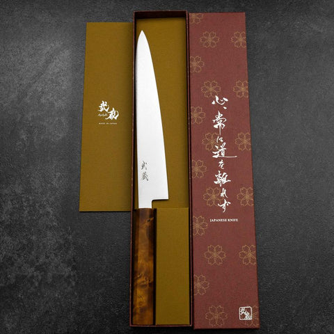 Sujihiki VG-10 Damas Manche en Bois de Bouleau Jaune Brun 240mm-[Musashi]-[Couteaux de cuisine japonais]