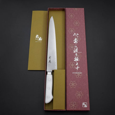 Sujihiki VG-5 Tsuchime Manche Occidental en Marbre Blanc 240mm-[Musashi]-[Couteaux de cuisine japonais]