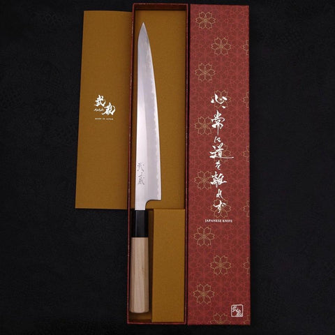 Sujihiki White Steel #1 Revêtement inox Manche en Buffle et Magnolia 240mm-[Musashi]-[Couteaux de cuisine japonais]