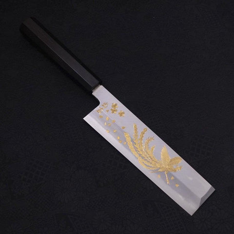 Usuba (Kanto) White Steel #2 Kasumi Chokin Phoenix-Sakura Manche en Buffle et Ébène 180mm-[Musashi]-[Couteaux de cuisine japonais]