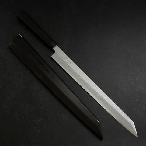 Yanagi Kiritsuke Blue Steel #1 Suminagashi Manche en Buffle et Ébène avec Saya 330mm-[Musashi]-[Couteaux de cuisine japonais]