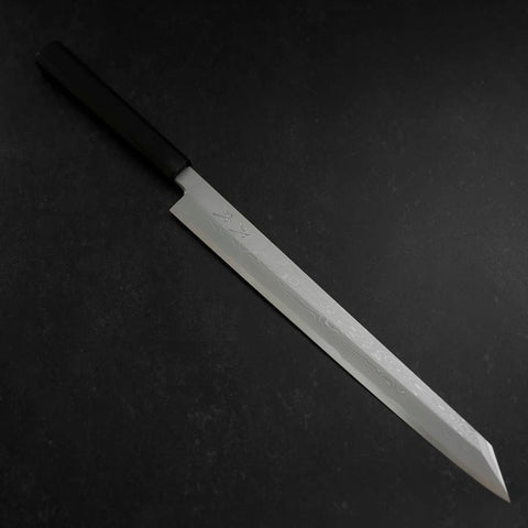 Yanagi Kiritsuke Blue Steel #1 Suminagashi Manche en Buffle et Ébène avec Saya 330mm-[Musashi]-[Couteaux de cuisine japonais]