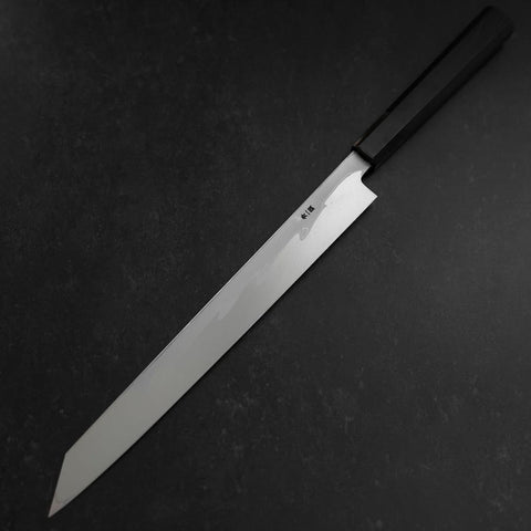Yanagi Kiritsuke Blue steel #1 Suminagashi Manche en Buffle et Ébène avec Saya 300mm-[Musashi]-[Couteaux de cuisine japonais]