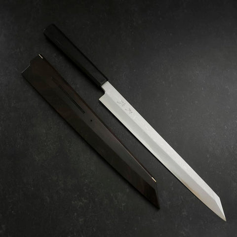 Yanagi Kiritsuke Blue steel #1 Suminagashi Manche en Buffle et Ébène avec Saya 300mm-[Musashi]-[Couteaux de cuisine japonais]