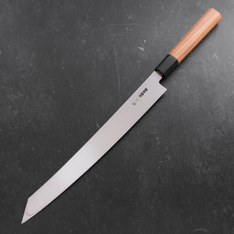 Yanagi Kiritsuke Silver Steel #3 Damas Miroir Manche en Buffle et Bois de Teck 300mm-[Musashi]-[Couteaux de cuisine japonais]