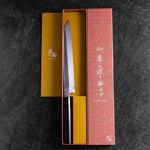 Yanagi Kiritsuke White Steel #2 Miroir Manche en Buffle et Ébène 235mm-[Musashi]-[Couteaux de cuisine japonais]