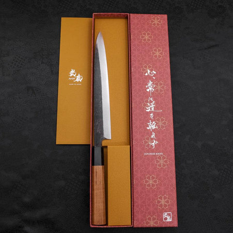 Yanagiba AUS-10 Kurouchi Manche en Buffle et Bois de Teck 225mm-[Musashi]-[Couteaux de cuisine japonais]