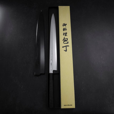 Yanagiba Blue Steel #1 Suminagashi Manche en Buffle et Ébène avec Saya 330mm-[Musashi]-[Couteaux de cuisine japonais]