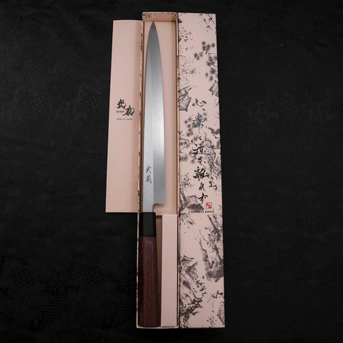 Yanagiba Blue Steel #2 Kasumi Manche en Buffle et Bois de Wengé 300mm-[Musashi]-[Couteaux de cuisine japonais]