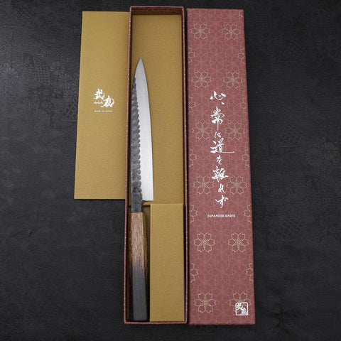 Yanagiba Blue Steel #2 Kurouchi Tsuchime Manche Yaki Urushi 210mm-[Musashi]-[Couteaux de cuisine japonais]