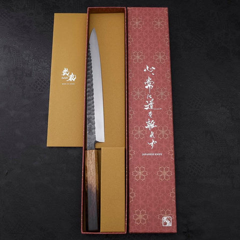 Yanagiba Blue Steel #2 Kurouchi Tsuchime Manche Yaki Urushi 240mm-[Musashi]-[Couteaux de cuisine japonais]
