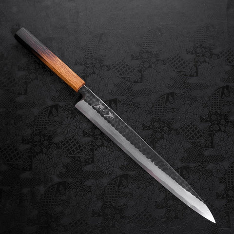 Yanagiba Blue Steel #2 Kurouchi Tsuchime Manche Yaki Urushi 300mm-[Musashi]-[Couteaux de cuisine japonais]