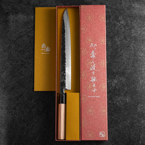 Yanagiba Blue Steel #2 Kurouchi Tsuchime Manche en Magnolia 270mm-[Musashi]-[Couteaux de cuisine japonais]
