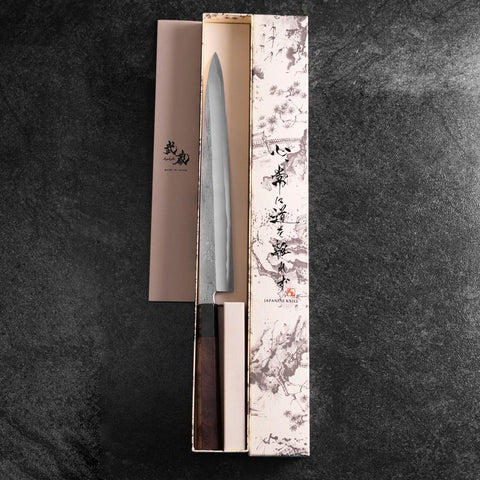 Yanagiba Blue Steel #2 Nashiji Manche en Buffle et Noyer 270mm-[Musashi]-[Couteaux de cuisine japonais]